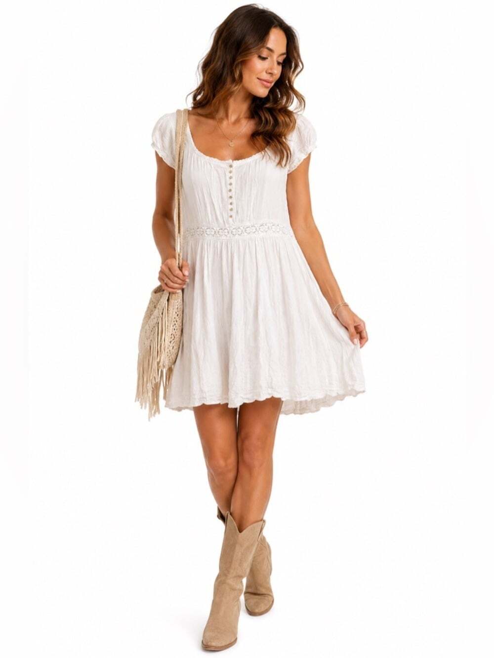 April Cornell Embroidered Dress Small White Cap Sleeve Lace Trim Boho Summer